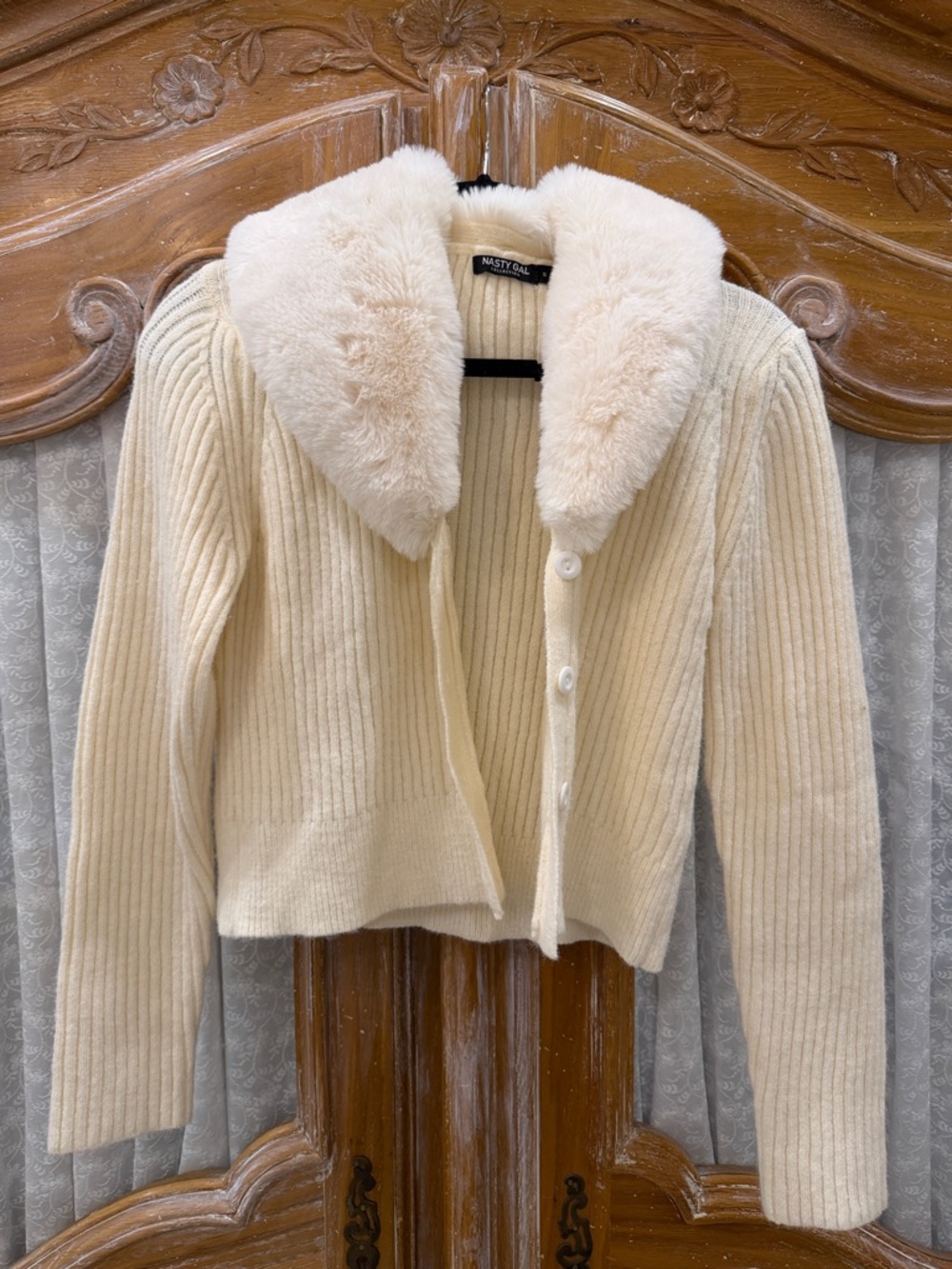 Nasty Gal Cream Ribbed Cardigan with Faux Fur Collar